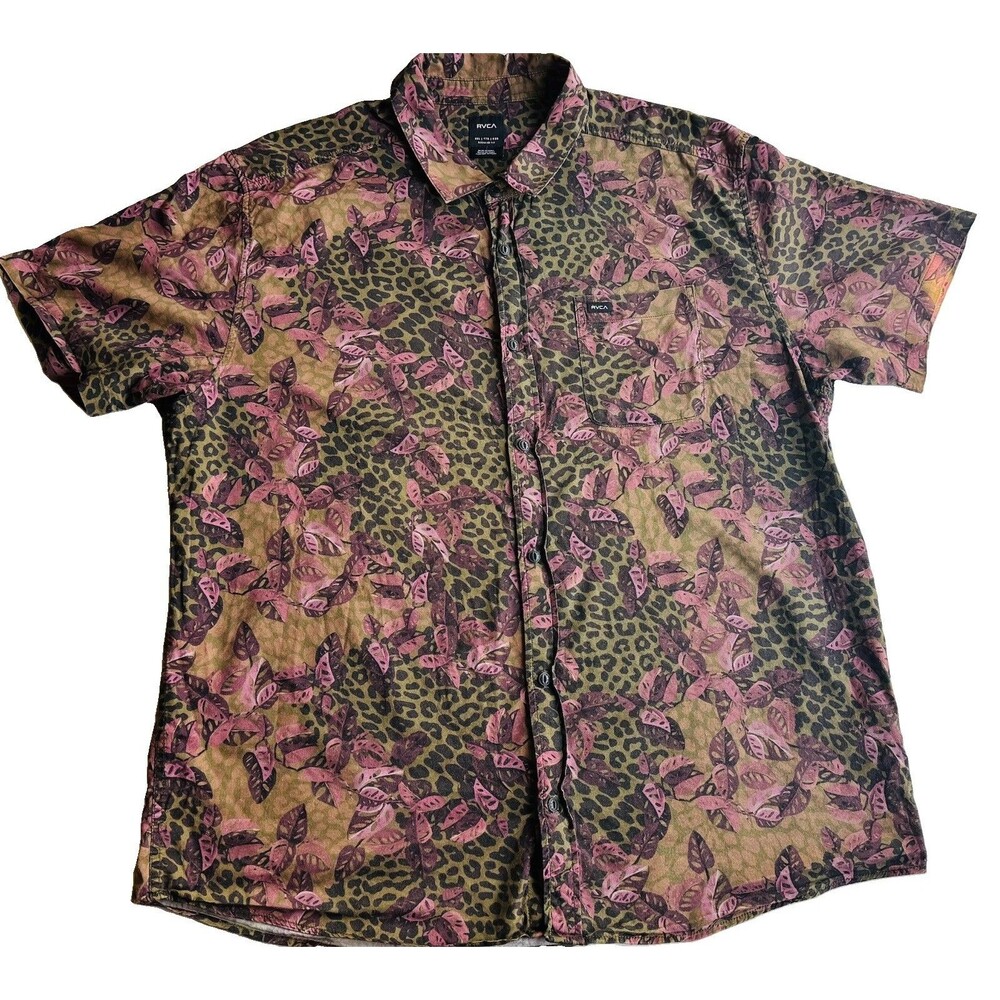 RVCA Men's Short Sleeve Button Up Shirt XXL Cheeter Leopard Pink Green